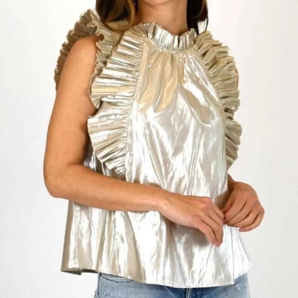Sea New York Top Blouse Gold Metallic 6 Pleated Ruffles Sleeveless Shimmery